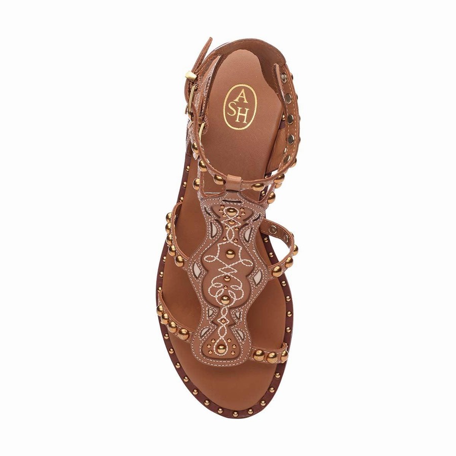 Women Ash Plaza Studded Flat Sandals Brown | 220531-587